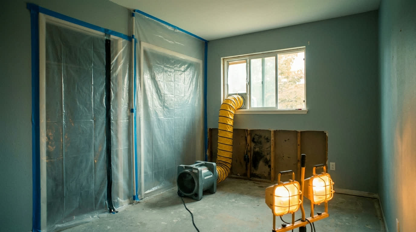 A bedroom set up for mold remediation: polyethylene sheeting sealed across a doorway, a negative air machine ducted out through a window, and drywall removed at the base of one wall.