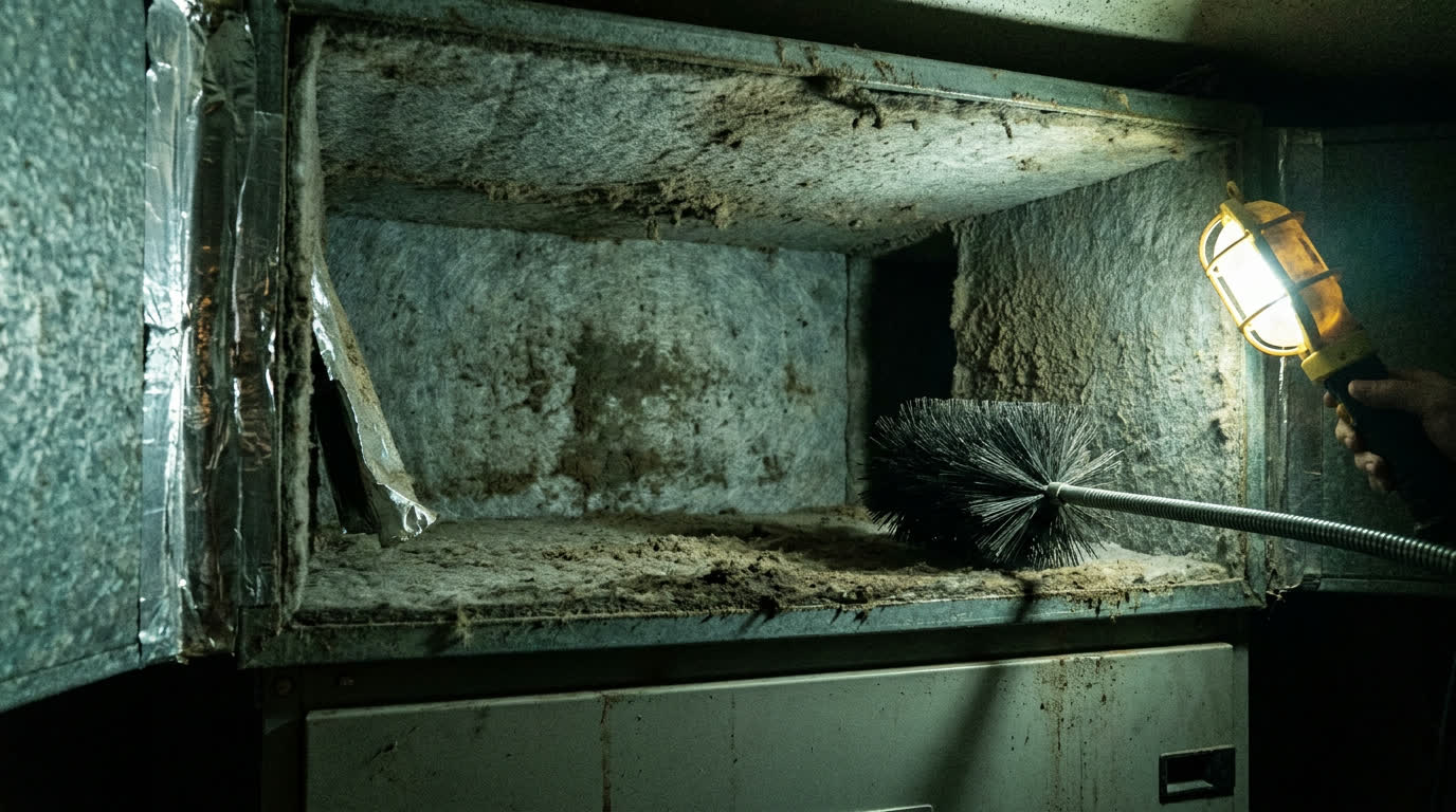 The interior of an opened fiberglass duct board plenum, its exposed fiber mat gray with dust and patchy dark discoloration.
